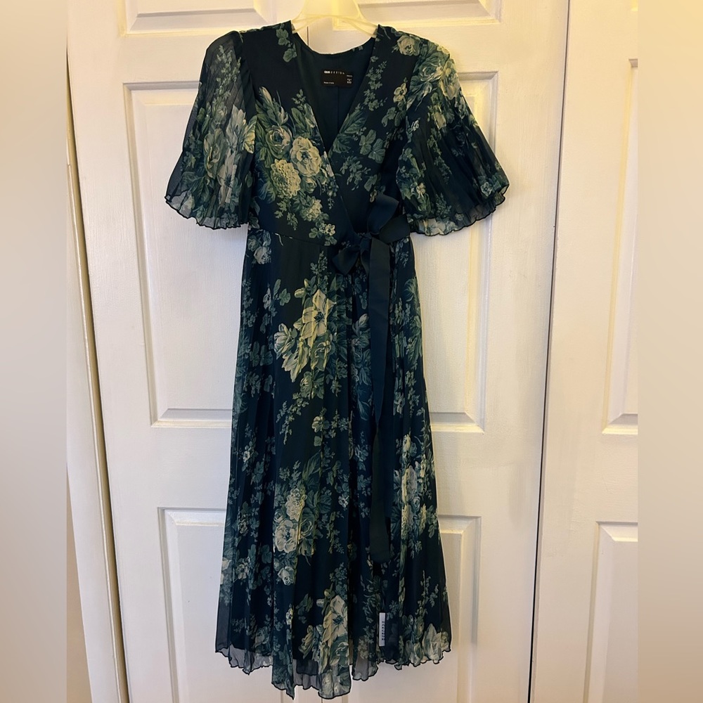 Midi Maternity Dress - Pleated, Wrap, Blue Floral